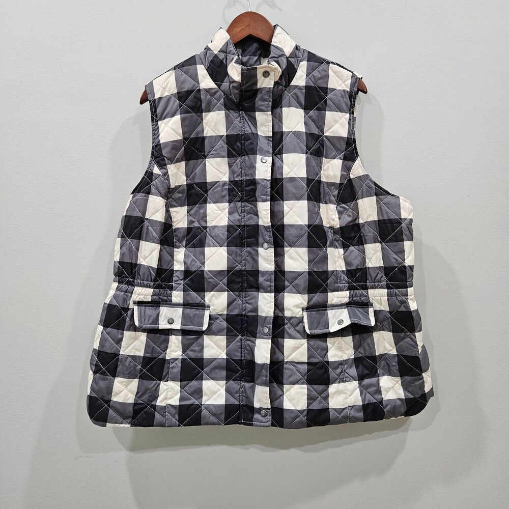 Talbots Womens Buffalo Plaid Quilted Puffer Vest 1X Black White Casual Country